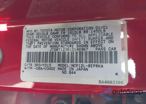 2001 Toyota Echo z USA, uszkodzony, nr VIN JTDBT123810146967